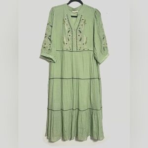 fig and flower embroidered dress Fig and Flower Womens PL Olive Green Floral Embroidered Smocked High Low Dress